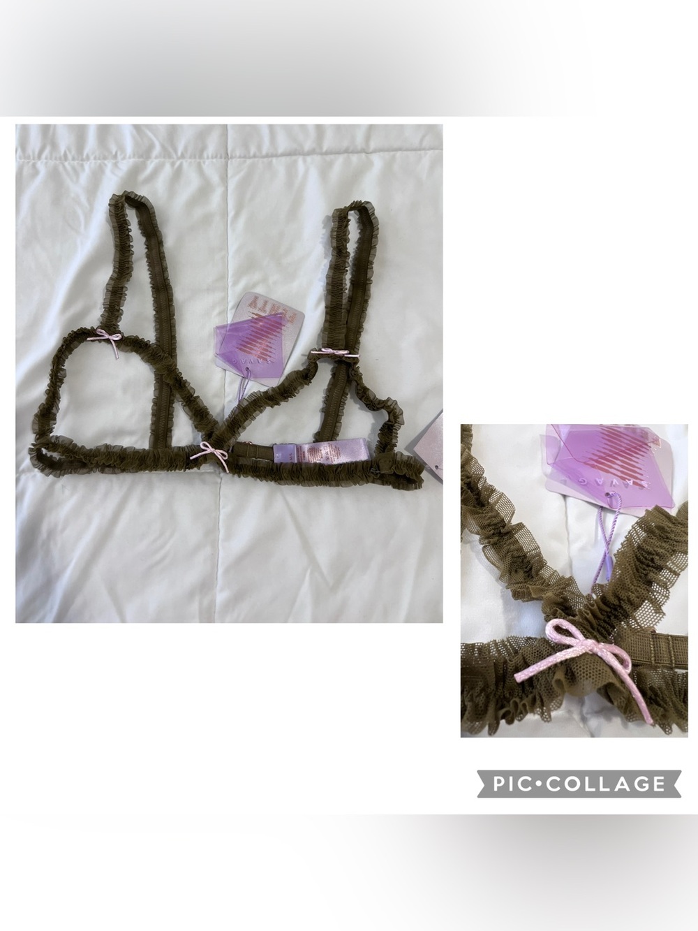 Savage x fenty Sheer Ruffled Triangle Bralette in Olive with Pink Bows size M/L
